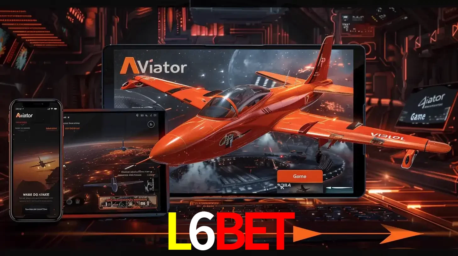 Apresentação tecnológica do jogo Aviator com um avião saindo da tela de um tablet, demonstrando a experiência imersiva em múltiplos dispositivos no L6BET.