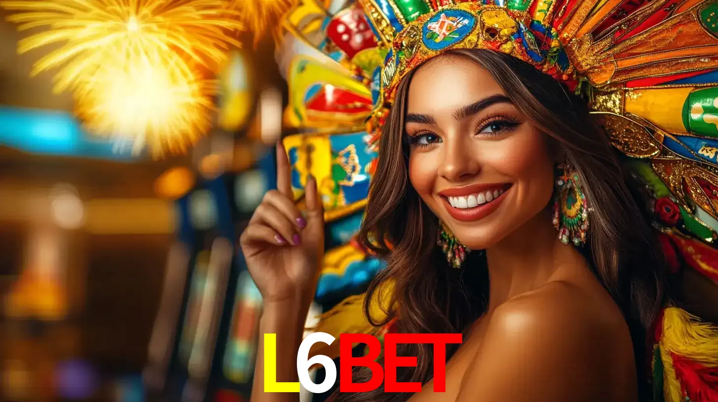 Mulher sorridente com um cocar de carnaval vibrante e colorido, celebrando uma grande vitória nos jogos do cassino L6BET com fogos de artifício ao fundo.