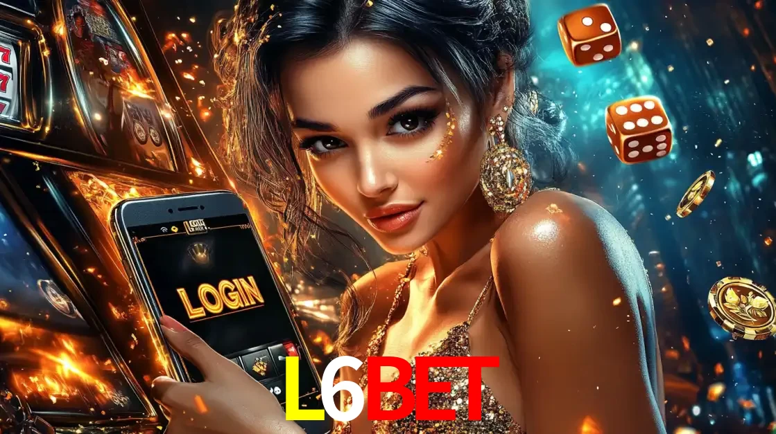 Mulher glamourosa segurando um celular com a tela de login do cassino L6BET, rodeada por dados e moedas douradas, pronta para começar a diversão.