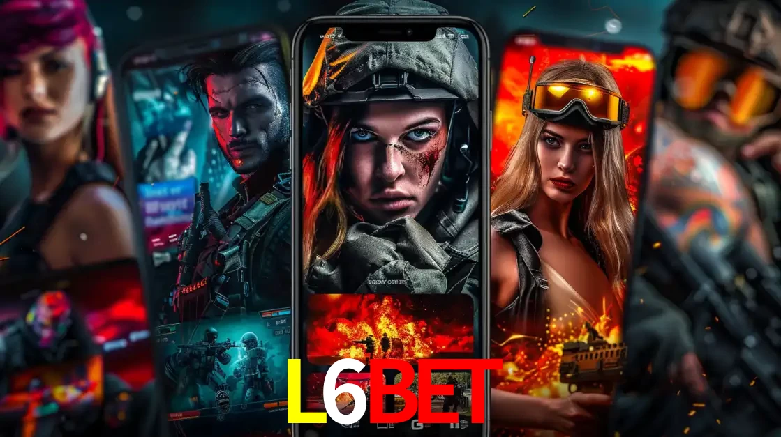 Montagem de telas de celular mostrando diversos personagens, masculinos e femininos, de um jogo de tiro, ilustrando a diversidade de equipes de e-sports para apostar no L6BET.