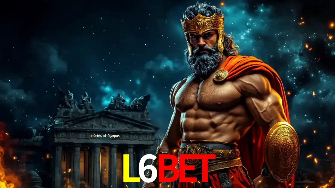 O poderoso Zeus do jogo de slot Gates of Olympus em frente ao seu templo, pronto para lançar multiplicadores divinos e prêmios épicos no cassino online L6BET.