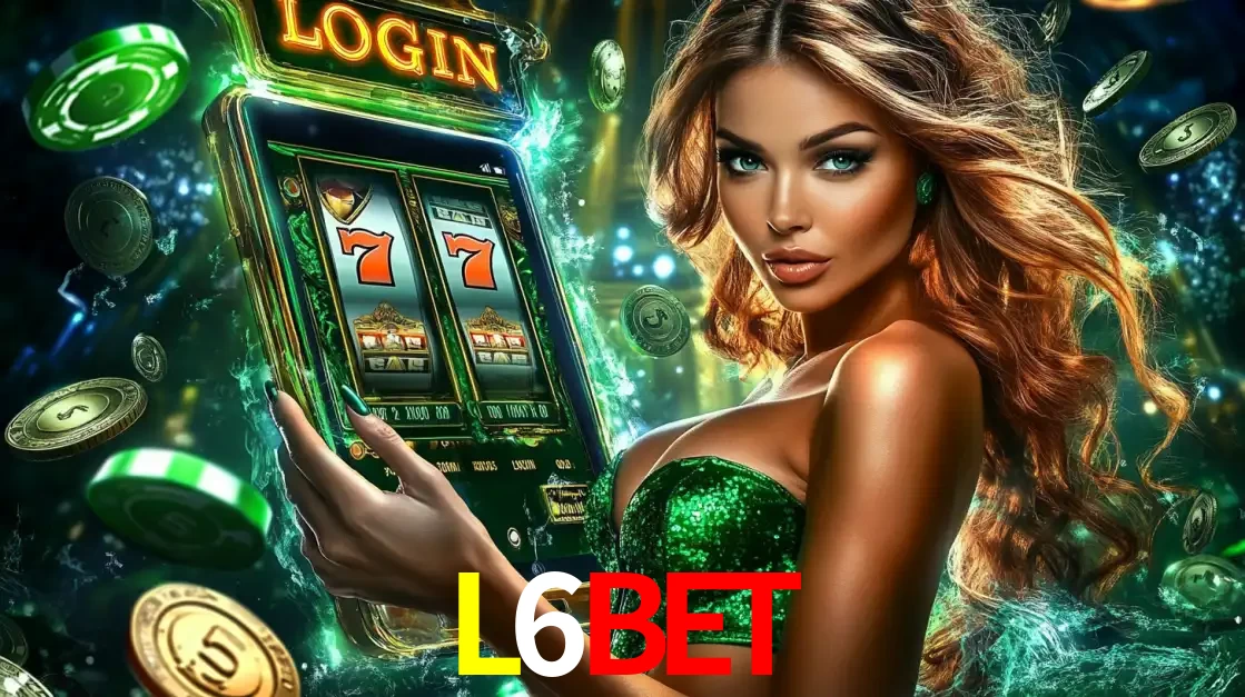 Mulher com tema verde apresentando o aplicativo do cassino L6BET com um jogo de slot de 777, cercada por fichas de cassino e uma aura de sorte.