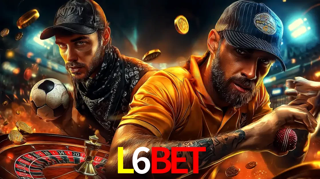 Montagem de apostas esportivas e cassino no L6BET, com um homem segurando uma bola de futebol e outro uma de beisebol sobre uma roleta e moedas voadoras.