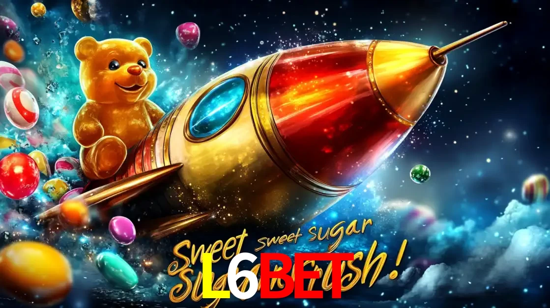 Arte promocional do jogo de slot Sugar Rush, com um urso de pelúcia em um foguete viajando pelo espaço de doces, um dos jogos divertidos disponíveis no cassino L6BET.