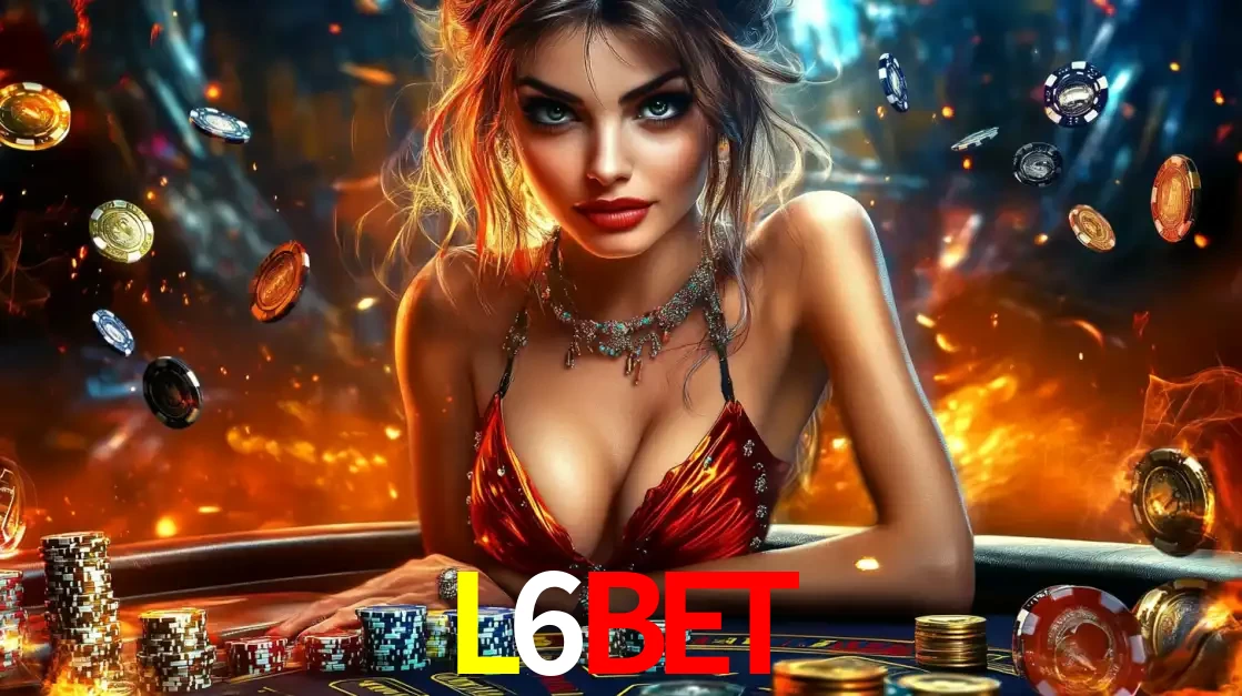 Mulher em uma mesa de cassino com pilhas de fichas e um fundo de fogo, pronta para uma rodada de altas apostas nos jogos de mesa emocionantes do cassino L6BET.