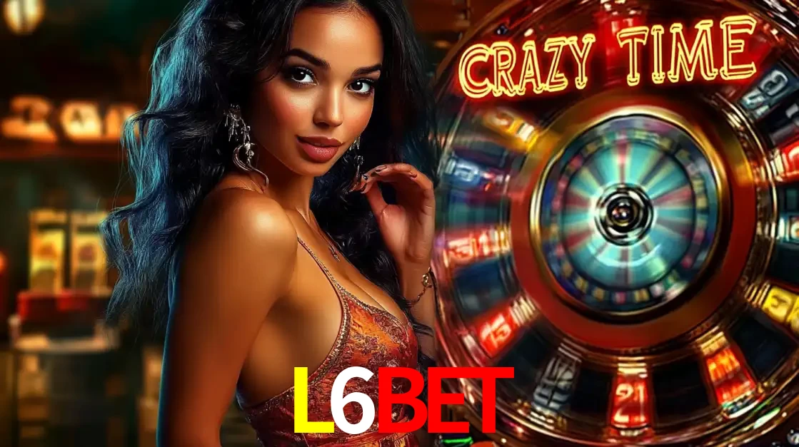 Mulher elegante ao lado da vibrante roda da fortuna do jogo de cassino ao vivo Crazy Time, um dos game shows mais populares e cheios de prêmios do L6BET.
