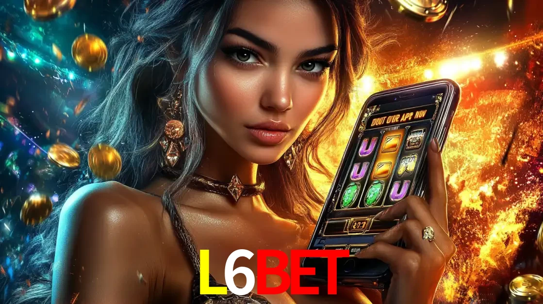 Mulher elegante mostrando um jogo de caça-níqueis em seu smartphone, destacando a experiência de cassino móvel oferecida pelo aplicativo L6BET.