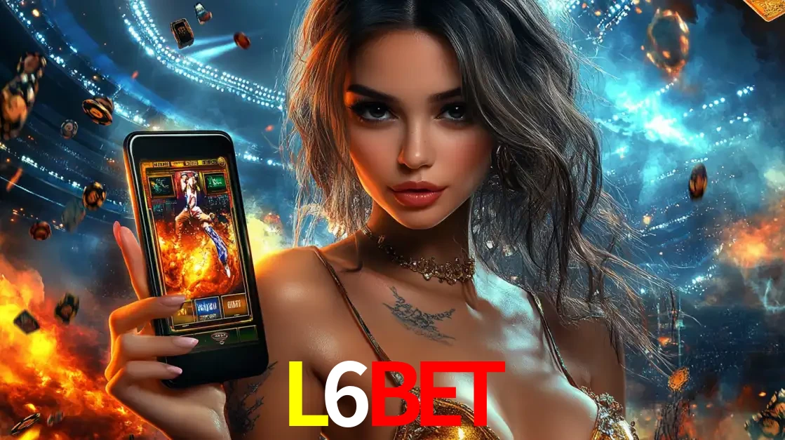 Mulher segurando um celular com um jogo de slot em destaque, tendo como fundo um estádio vibrante, simbolizando a emoção de jogar no cassino móvel L6BET.